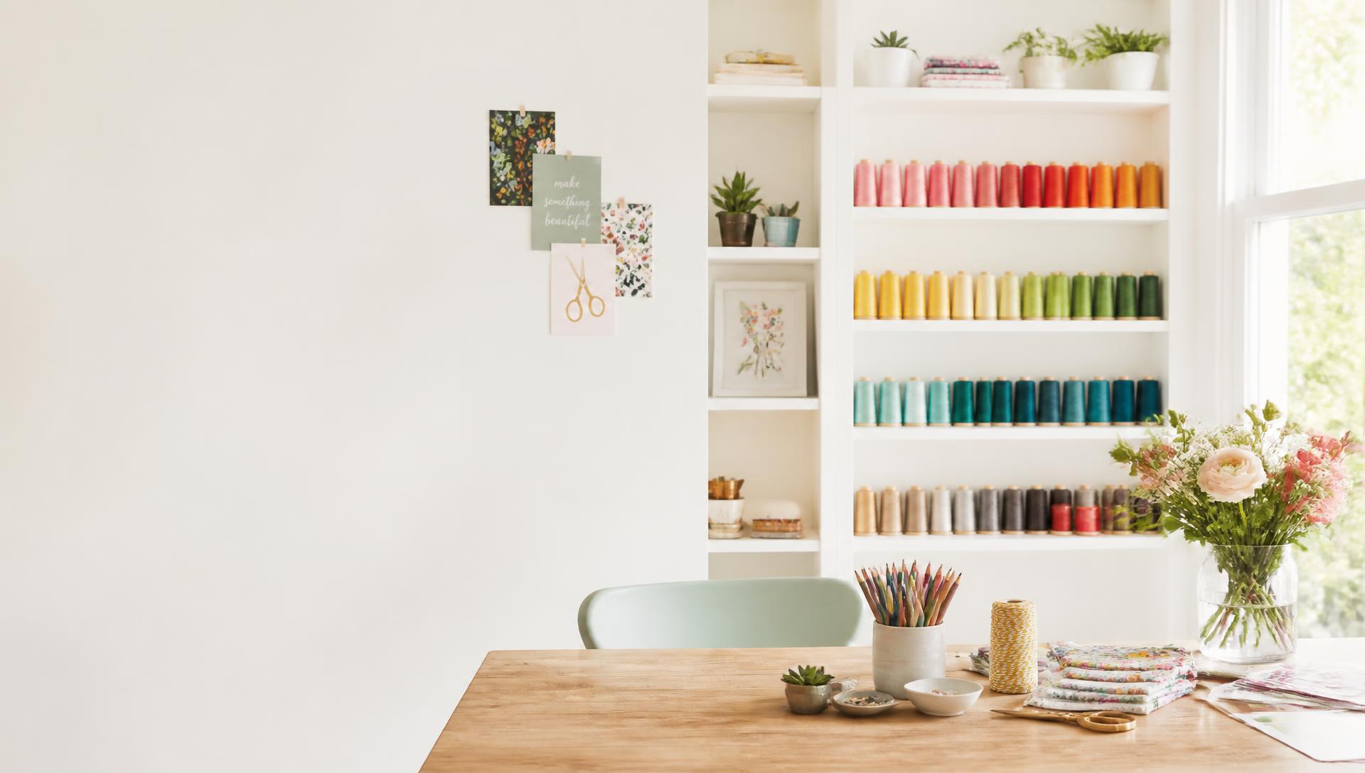 Bright craft studio with shelves of colorful thread and a work desk