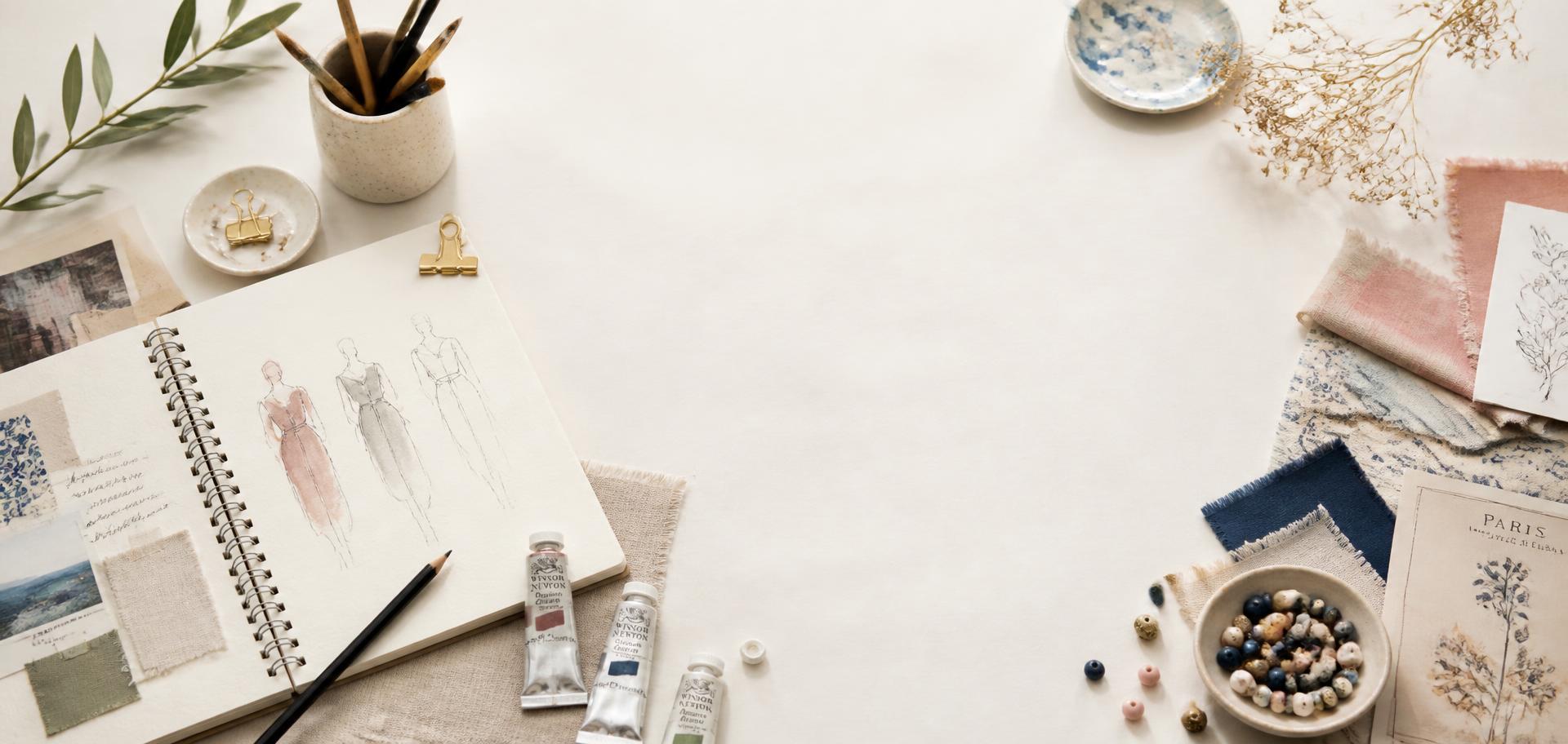 Creative workspace with sketchbook, paints, fabric swatches and beads
